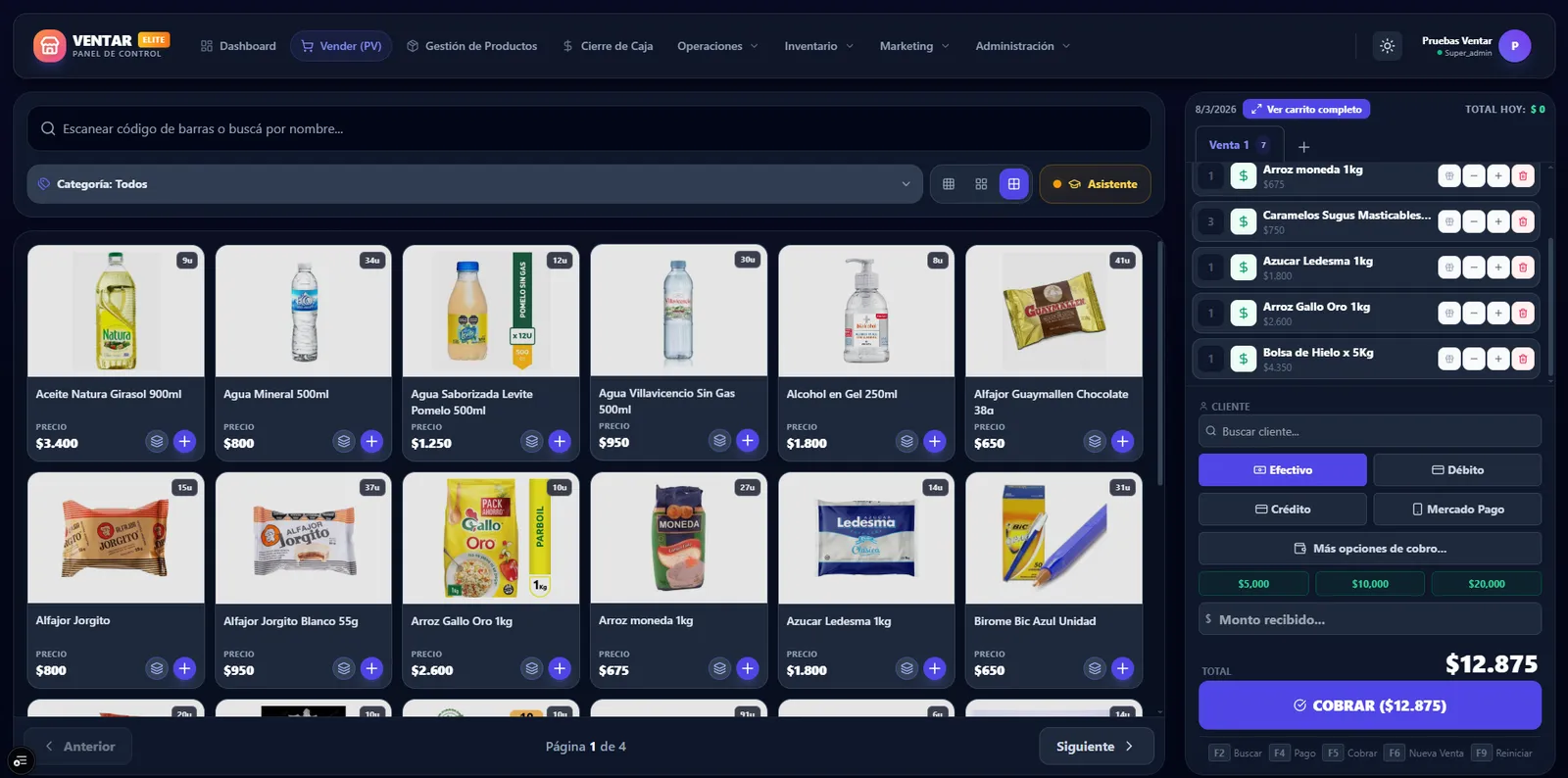Pantalla de venta de Ventar: grilla de productos con precios, carrito del día y cobro en efectivo, débito, crédito o Mercado Pago
